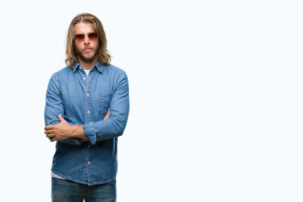Young Handsome Man Long Hair Wearing Sunglasses Isolated Background Skeptic — Stock Photo, Image