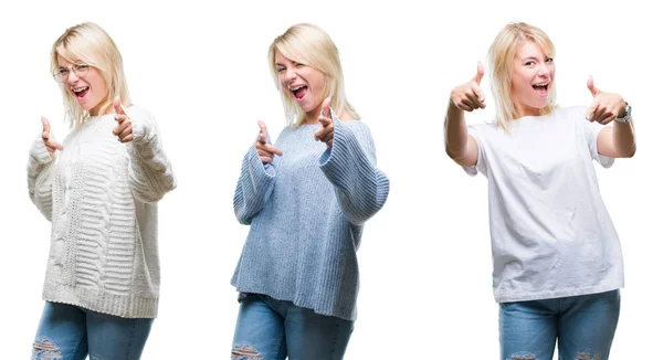 Colagem Bela Mulher Loira Usando Camisola Inverno Sobre Fundo Isolado — Fotografia de Stock