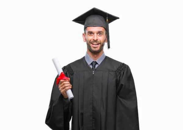 Young Handsome Graduated Man Holding Degree Isolated Background Happy Face — Stock Photo, Image