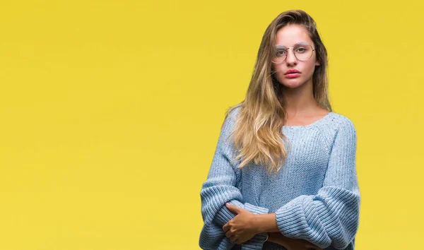 Jovem Mulher Loira Bonita Vestindo Suéter Óculos Sobre Fundo Isolado — Fotografia de Stock