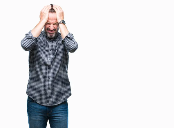 Middle Age Hoary Senior Man Isolated Background Suffering Headache Desperate — Stock Photo, Image