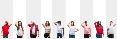 Kolaj beyaz çizgili izole arka plan üzerinde farklı etnik genç insan yanıltır ve soru hakkında merak ediyorum. Şüphe, kafasına el ile düşünme ile belirsiz. Dalgın kavramı.