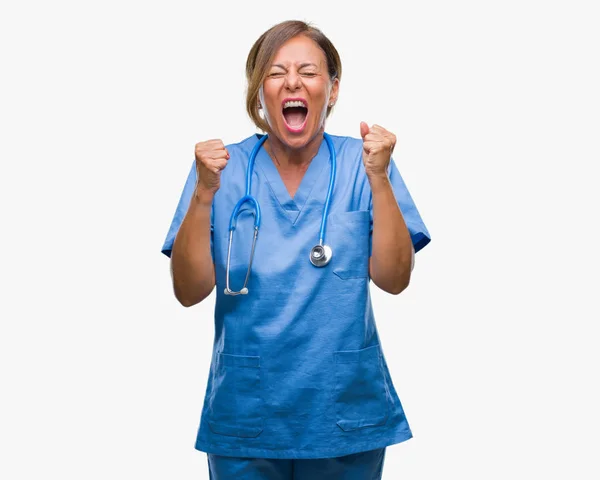 Medelåldern Ledande Sjuksköterska Läkare Kvinna Över Isolerade Bakgrund Firar Arg — Stockfoto
