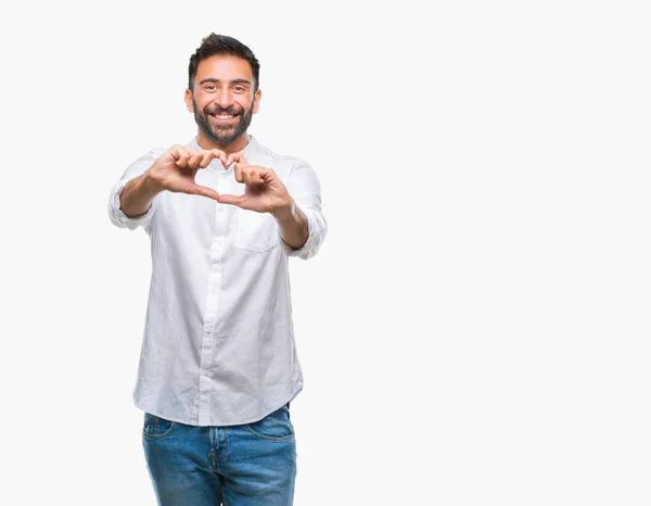 Homem Hispânico Adulto Sobre Fundo Isolado Sorrindo Amor Mostrando Símbolo — Fotografia de Stock