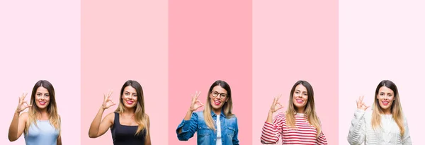 手と指で サインをしている肯定的な笑みを浮かべてピンク ストライプ分離背景に若くてきれいな女性のコラージュ 成功した式 — ストック写真