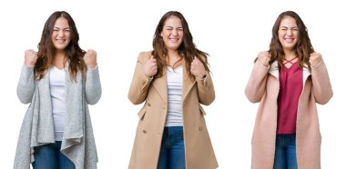 Kolaj bir kış ceket izole arka kolları olan başarı için heyecan üzerinde zafer kutluyor gülümseyen kaldırdı giyen boyutu kadın Ayrıca güzel. Kazanan kavramı.