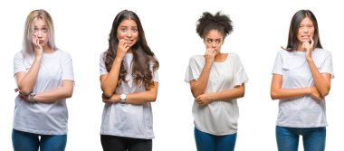 Kolaj Çince, Arap, Afrikalı-Amerikalı kadın yüzünden stresli ve gergin ile izole arka plan Grup tırnak ısırma dudaklarından eller. Anksiyete sorunu.