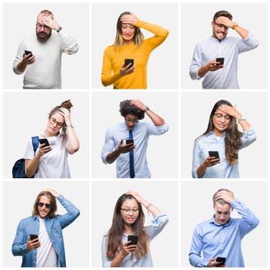 Kolaj kafasına, utanç ve sürpriz yüz ile şok el ile vurguladı izole arka plan üzerinde akıllı telefon kullanan gençlerin grup öfkeli ve sinirli. Korku ve hata için üzgün.