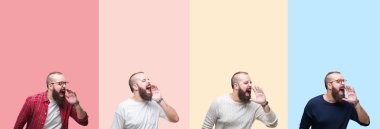 Kolaj bağırarak ve ağzı üzerinde el ile yan için çığlık renkli çizgili izole arka plan üzerinde sakallı genç adam. İletişim kavramı.