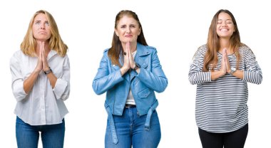 Kolaj yalvarıyor ve umut ifade yüzünde çok duygusal ve endişe ile birlikte elleriyle dua beyaz izole arka plan üzerinde üç güzel kadınların grubunun. Bağışlanmak. Din kavramı.