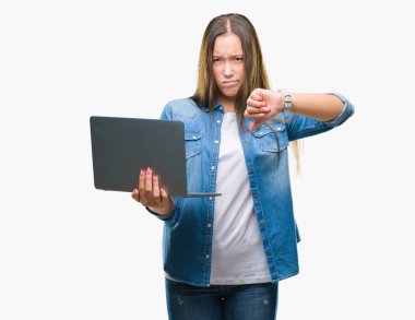 Kızgın yüz, eksi işareti aşağı antipati başparmak ile gösterilen, ret kavramı ile izole arka plan üzerinde dizüstü bilgisayar kullanan genç beyaz kadın