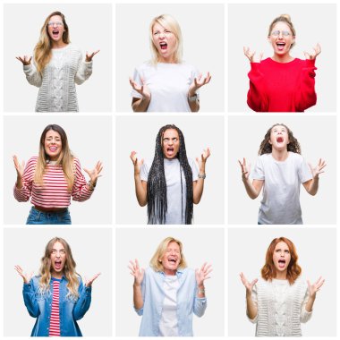 Grup izole arka plan çılgın ve kızgın bağırarak ve agresif ifade ve silah kaldırdı bağırmaya genç ve üst düzey kadın kolaj. Hayal kırıklığı kavramı.