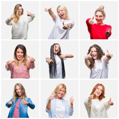 Kolaj bir grup izole arka plan onaylama üzerinde genç ve üst düzey kadın el ile olumlu hareketi yapıyor gülümseyen ve başarı için mutlu yaşasın. Kamera, kazanan jest arıyorsunuz.