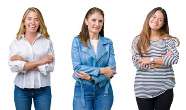 Kolaj bir grup beyaz izole arka plan mutlu yüz çapraz kollu kameraya bakarak gülen üzerinden üç güzel kadınların. Olumlu bir kişi.