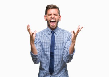 Genç iş adamı üzerinde arka plan deli kutluyor izole ve crazy arms ile başarı için kaldırdı ve heyecanlı çığlık gözleri kapalı yakışıklı. Kazanan kavramı