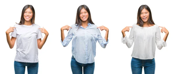 Collage Mujer Joven Asiática Pie Sobre Fondo Blanco Aislado Mirando —  Fotos de Stock