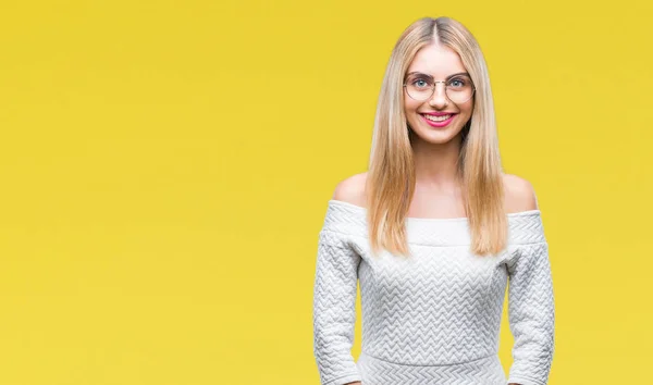 Jonge Mooie Blonde Vrouw Bril Geïsoleerde Achtergrond Met Een Gelukkig — Stockfoto