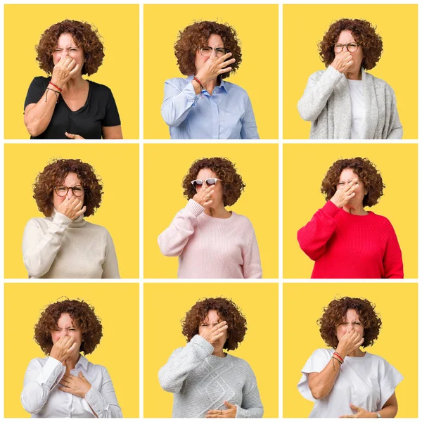 Collage Middle Age Senior Woman Yellow Isolated Background Smelling Something — Stock Photo, Image