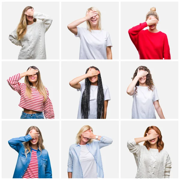 Collage of group of young and senior women over isolated background smiling and laughing with hand on face covering eyes for surprise. Blind concept.