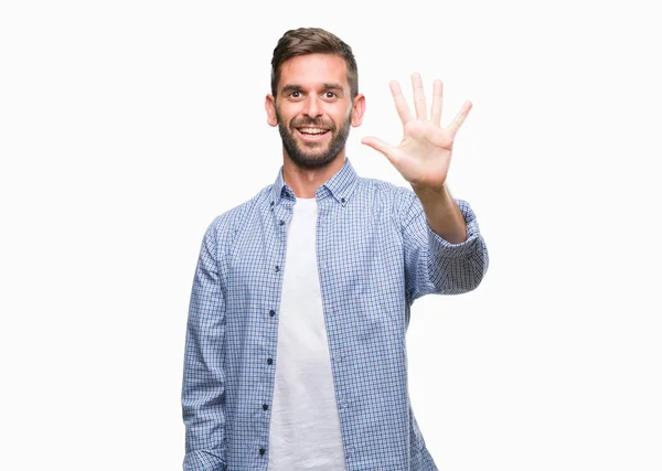 Joven Hombre Guapo Con Camiseta Blanca Sobre Fondo Aislado Mostrando — Foto de Stock