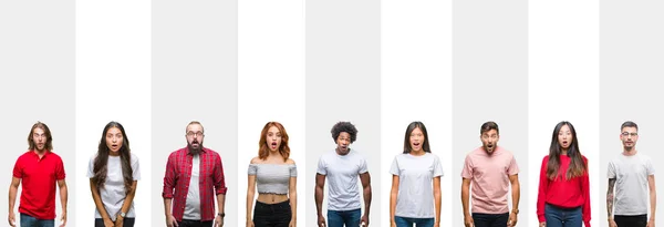 Collage Diferentes Etnias Jóvenes Sobre Rayas Blancas Aislados Fondo Miedo — Foto de Stock
