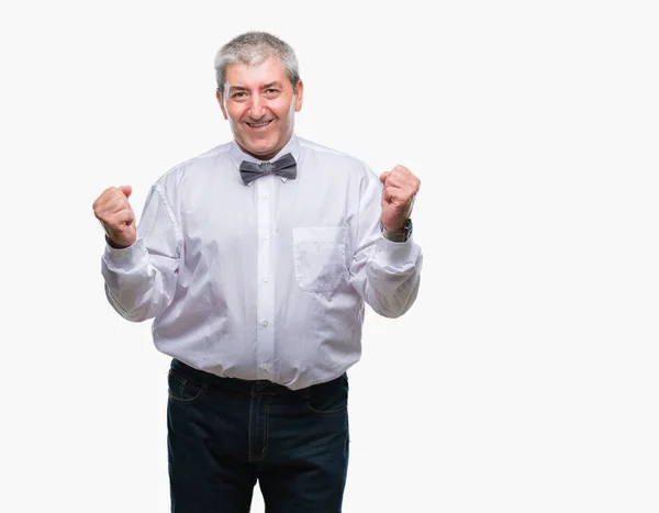 英俊的老人戴着领结在孤立的背景非常高兴和兴奋做优胜者手势举起双臂 微笑着 尖叫着要成功 庆祝理念 — 图库照片