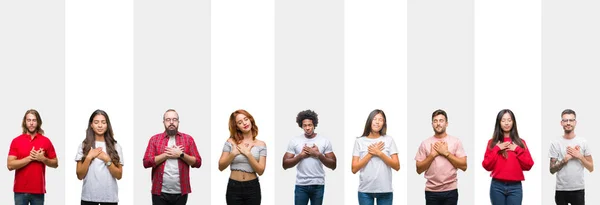 Collage Diferentes Etnias Jóvenes Sobre Rayas Blancas Fondo Aislado Sonriendo —  Fotos de Stock