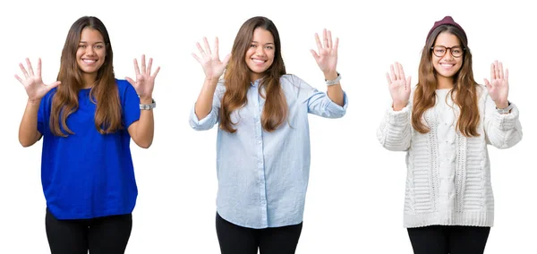 Collage Van Mooie Jonge Vrouw Geïsoleerde Achtergrond Weergeven Met Vingers — Stockfoto