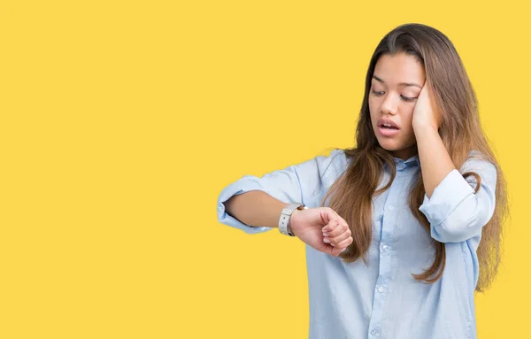 Young Beautiful Brunette Business Woman Isolated Background Checking Time Wrist — Stock Photo, Image