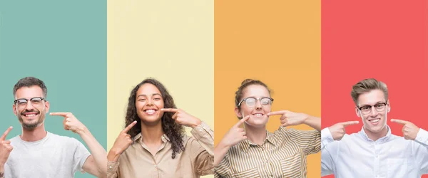 Collage Grupp Människor Isoleras Över Färgstarka Bakgrund Leende Självsäker Visar — Stockfoto