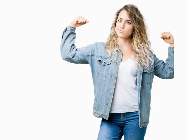 Hermosa Mujer Rubia Joven Con Chaqueta Mezclilla Sobre Fondo Aislado —  Fotos de Stock