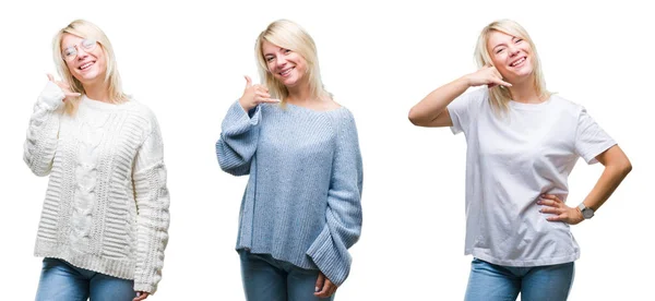 Collage Einer Schönen Blonden Frau Winterpullover Vor Isoliertem Hintergrund Die — Stockfoto