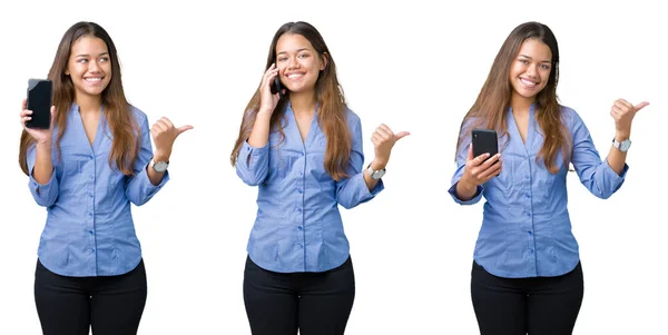 Collage Hermosa Joven Mujer Negocios Utilizando Teléfono Inteligente Sobre Fondo — Foto de Stock