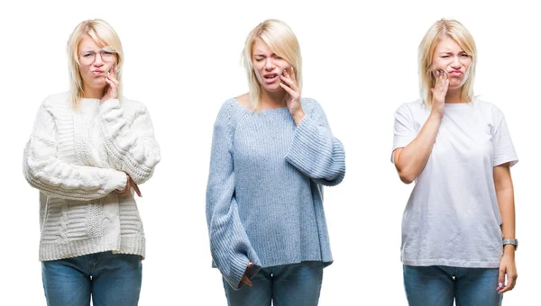拼贴美丽的金发碧眼的女人穿着冬季毛衣在孤立的背景触摸嘴与痛苦的表情与痛苦的表情 因为牙痛或牙齿上的牙病 牙医概念 — 图库照片