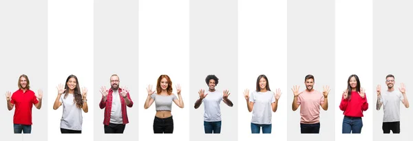 Collage Different Ethnics Young People White Stripes Isolated Background Showing — Stock Photo, Image