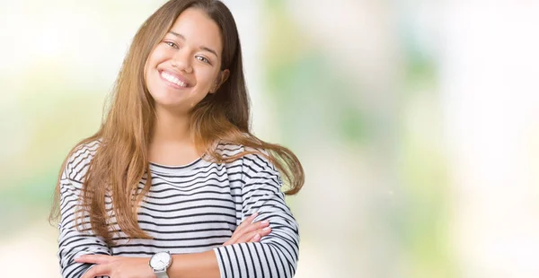 Giovane Bella Donna Bruna Che Indossa Maglione Righe Sfondo Isolato — Foto Stock