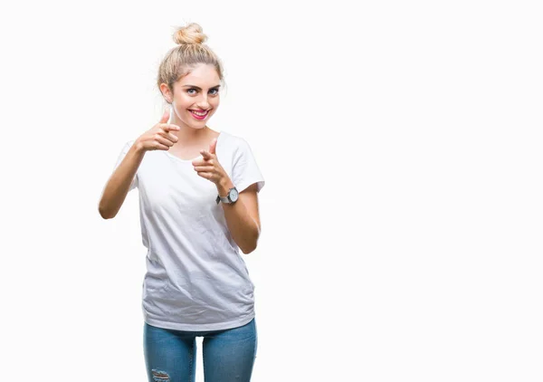 Young Beautiful Blonde Woman Wearing White Shirt Isolated Background Pointing — Stock Photo, Image