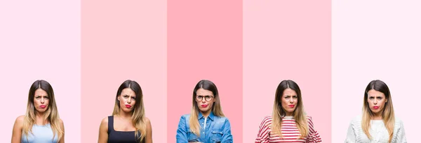 Колаж Молодої Красивої Жінки Над Рожевими Смугами Ізольований Фоні Скептично — стокове фото