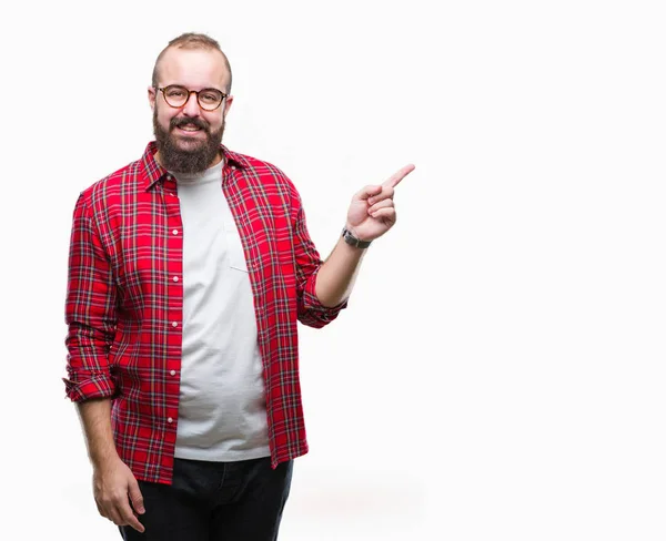 Unga Kaukasiska Hipster Mannen Bär Glasögon Över Isolerade Bakgrund Med — Stockfoto