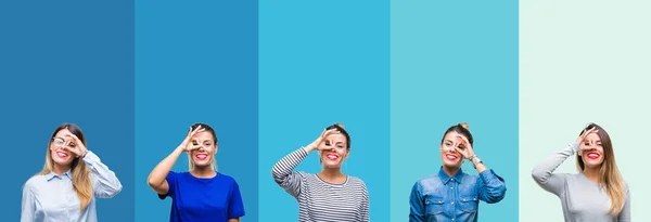 Collage Von Jungen Schönen Frau Über Blauen Streifen Isolierten Hintergrund — Stockfoto