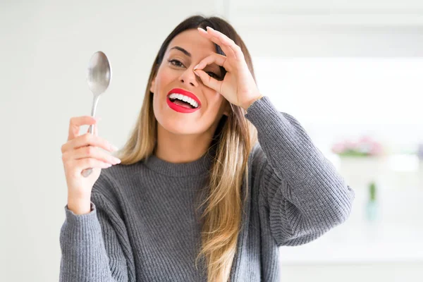 Young Beautiful Woman Holding Silver Spoon Home Happy Face Smiling — Stock Photo, Image