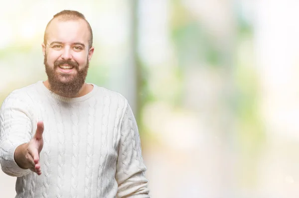 Jonge Kaukasische Hipster Man Winter Trui Dragen Geïsoleerd Achtergrond Lachende — Stockfoto