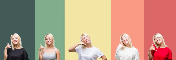 Collage Van Mooie Blonde Vrouw Vintage Geïsoleerd Achtergrond Glimlachend Telefoon — Stockfoto