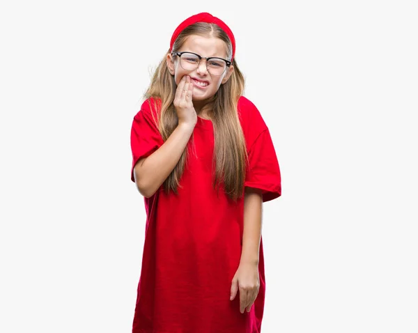 Fiatal Gyönyörű Lány Szemüveg Megható Száj Kezével Fájdalmas Kifejezés Fogfájás — Stock Fotó