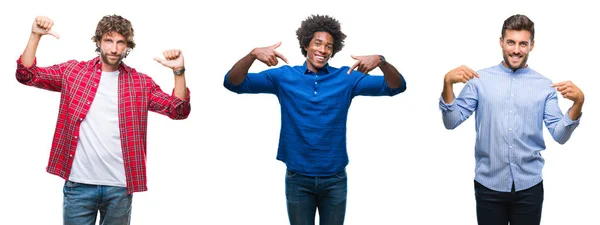孤立背景以上的非洲裔美国人和西班牙裔男子的拼贴画 面带微笑 用手指自豪而快乐地指着自己 — 图库照片