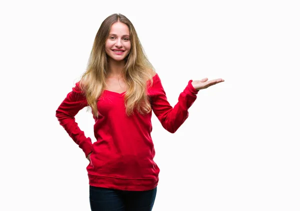 Young Beautiful Blonde Woman Wearing Red Sweater Isolated Background Smiling — Stock Photo, Image