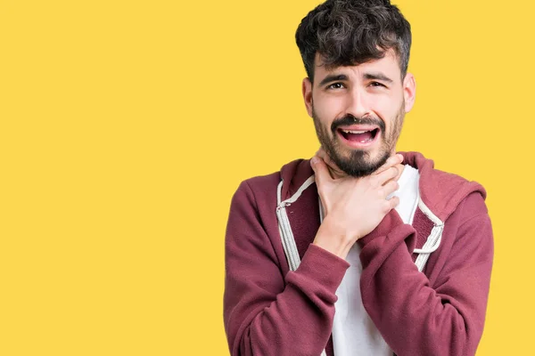 Young Handsome Man Isolated Background Shouting Suffocate Because Painful Strangle — Stock Photo, Image