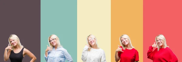 Collage Van Mooie Blonde Vrouw Vintage Geïsoleerd Achtergrond Glimlachend Telefoon — Stockfoto