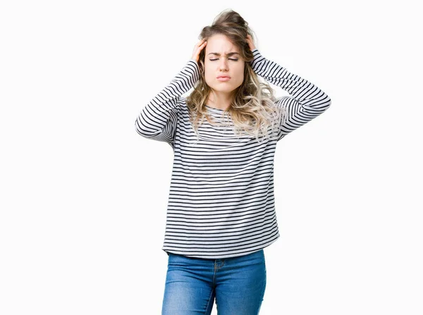 Beautiful Young Blonde Woman Wearing Stripes Sweater Isolated Background Hand — Stock Photo, Image