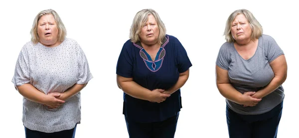 Collage Senior Fat Woman Isolated Background Hand Stomach Because Indigestion — Stock Photo, Image